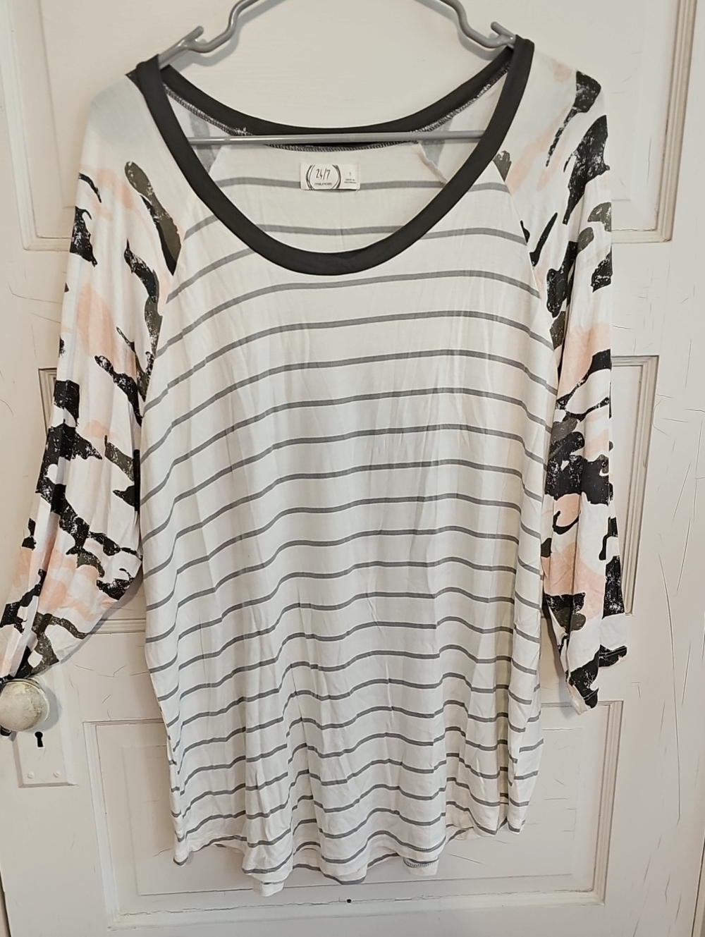 Maurices White and Gray Striped Scoop Neck Top with Printed Sleeves